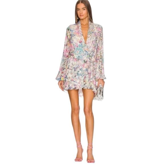 Rococo Sand NWTS Leila Silver Metallic Pink Blue Ruffle Mini Dress size large - Picture 1 of 12